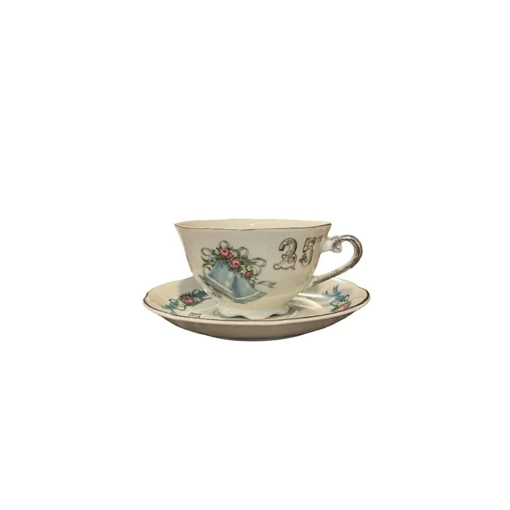 25th Anniversary Porcelain Cup & Saucer Set With Blue Bell & Floral‎ Design
